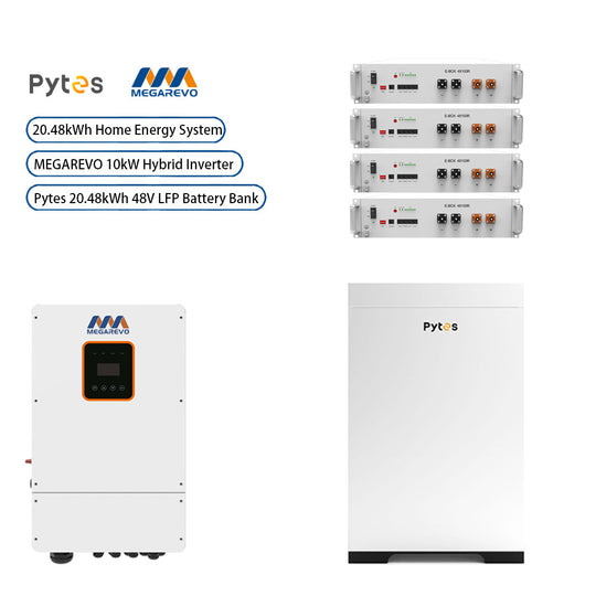 Hybrid Off-Grid / Grid-Tie Home Energy Storage System Kit | MEGAREVA 10kW Output Hybrid Inverter + 20.48kWh Pytes E-box-48100R 48V LFP Battery Bank With Pytes Forest R Box OC Outdoor Cabinet