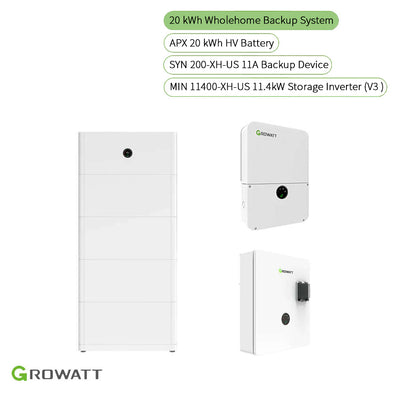 Growatt 20kWh WholeHome Backup System Kit | MIN 11400TL-XH-US (V3) 11.4kW Storage Inverter + APX 20kWh High Voltage Battery + SYN 200-XH-US 11A