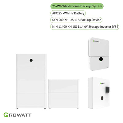 Growatt 25kWh WholeHome Backup System Kit | MIN 11400TL-XH-US (V3) 11.4kW Storage Inverter + APX 25kWh High Voltage Battery + SYN 200-XH-US 11A