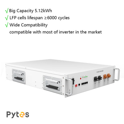 Pytes E-Box-48100R 5.12kWh 51.2V LFP Battery | 10 Years Warranty | UL 9540 certificated with Sol-Ark and CEC Listed
