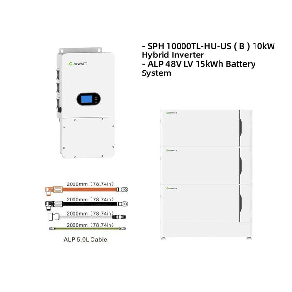 Hybrid Growatt System Bundle - SPH 10000TL-HU-US Split-Phase Hybrid Inverter | 10kW 120V/240V Output 48VDC | Growatt ALP LV 48v 15.0kWh Battery System| Certified UL9540 and CEC Listed | 10-Year Warranty