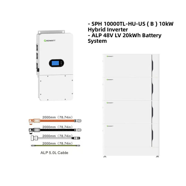 Hybrid Growatt System Bundle - SPH 10000TL-HU-US Split-Phase Hybrid Inverter | 10kW 120V/240V Output 48VDC | Growatt ALP LV 48v 20kWh Battery System| Certified UL9540 and CEC Listed | 10-Year Warranty