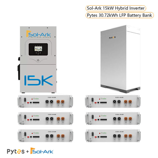 Hybrid Off-Grid / Grid-Tie Home Energy Storage System Kit| Sol-Ark 15kW Output Hybrid Inverter + 30.72kWh Pytes E-box-48100R 48V Battery Bank With Pytes Forest RB Indoor Cabinet