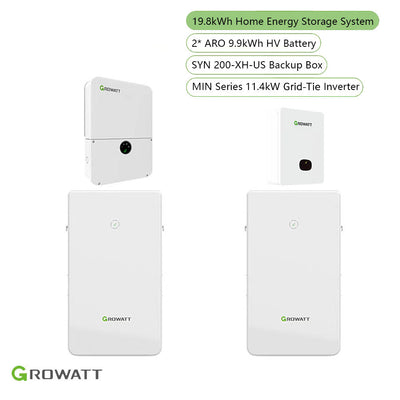 Growatt Home Energy Storage System | MIN 11400TL-XH-US 11.4kW Storage Inverter + ARO 19.8kWh High Voltage Battery + SYN 200-XH (Auto Transfer Switch)