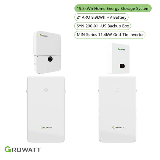 Growatt Home Energy Storage System | MIN 11400TL-XH-US 11.4kW Storage Inverter + ARO 19.8kWh High Voltage Battery + SYN 200-XH (Auto Transfer Switch)
