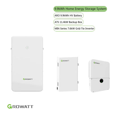 Growatt Hybrid Home Energy Storage System | MIN 7600TL-XH-US 7.6kW Storage Inverter + ARO 9.9kWh High Voltage Battery + ATS-XH-US (Auto Transfer Switch)