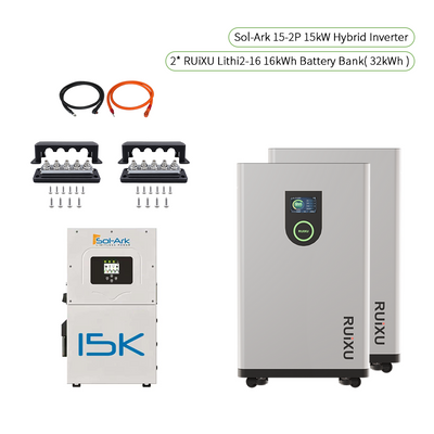 Sol-Ark 15K-2P 15kW Hybrid Solar Inverter + 2*RUiXU Lithi2-16 16kWh Battery Bank (32kWh) With Busbar RX5600 | RS485 or CAN | 10-Year Warranty